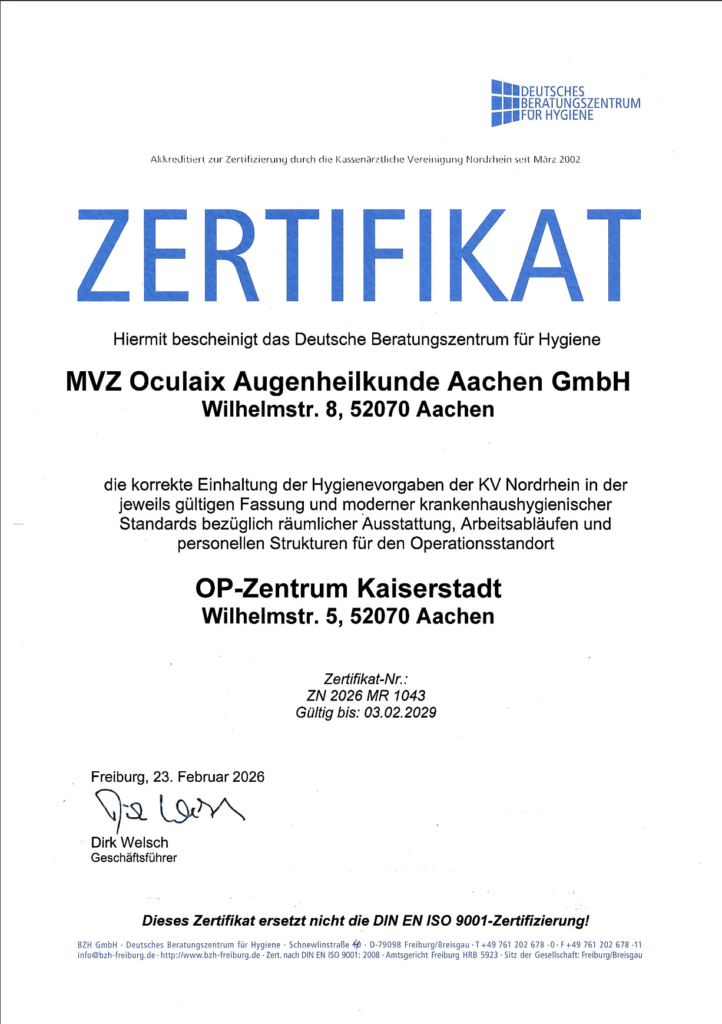 Zertifikat des Deutschen Beratungszentrums für Hygiene über die korrekte EInhaltung der Hygienevorgaben 2026